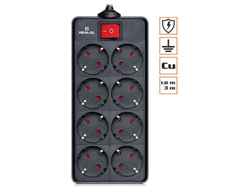 

Сетевой фильтр REAL-EL RS-8 PROTECT 8 розеток 1.8m 16A Black