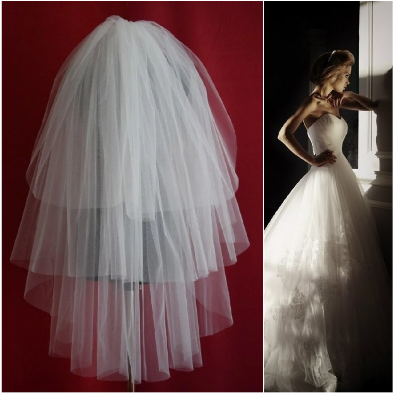 

Вау! Трехъярусная свадебная Фата средней длины SF для Невесты Белая/Айвори (sf-322), Белый