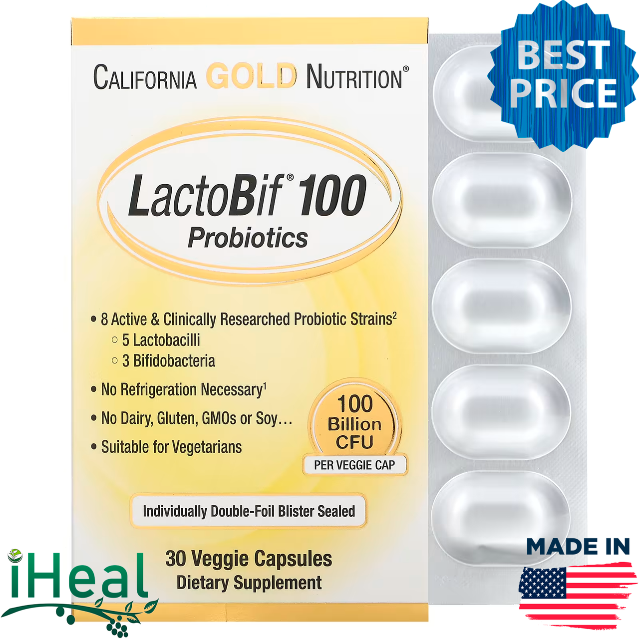 

California Gold Nutrition, LactoBif, пробиотики, 100 млрд КОЕ, 30 растительных капсул