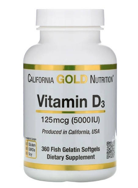 

California Gold Nutrition, витамин D3, 125 мкг (5000 МЕ), 360 капсул из рыбьего желатина