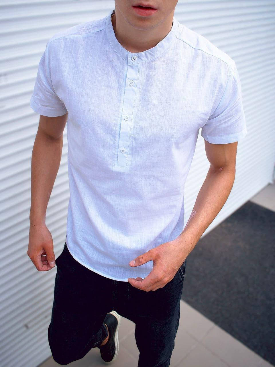 

Мужская рубашка с воротом стойкой из лёна белая, Белый