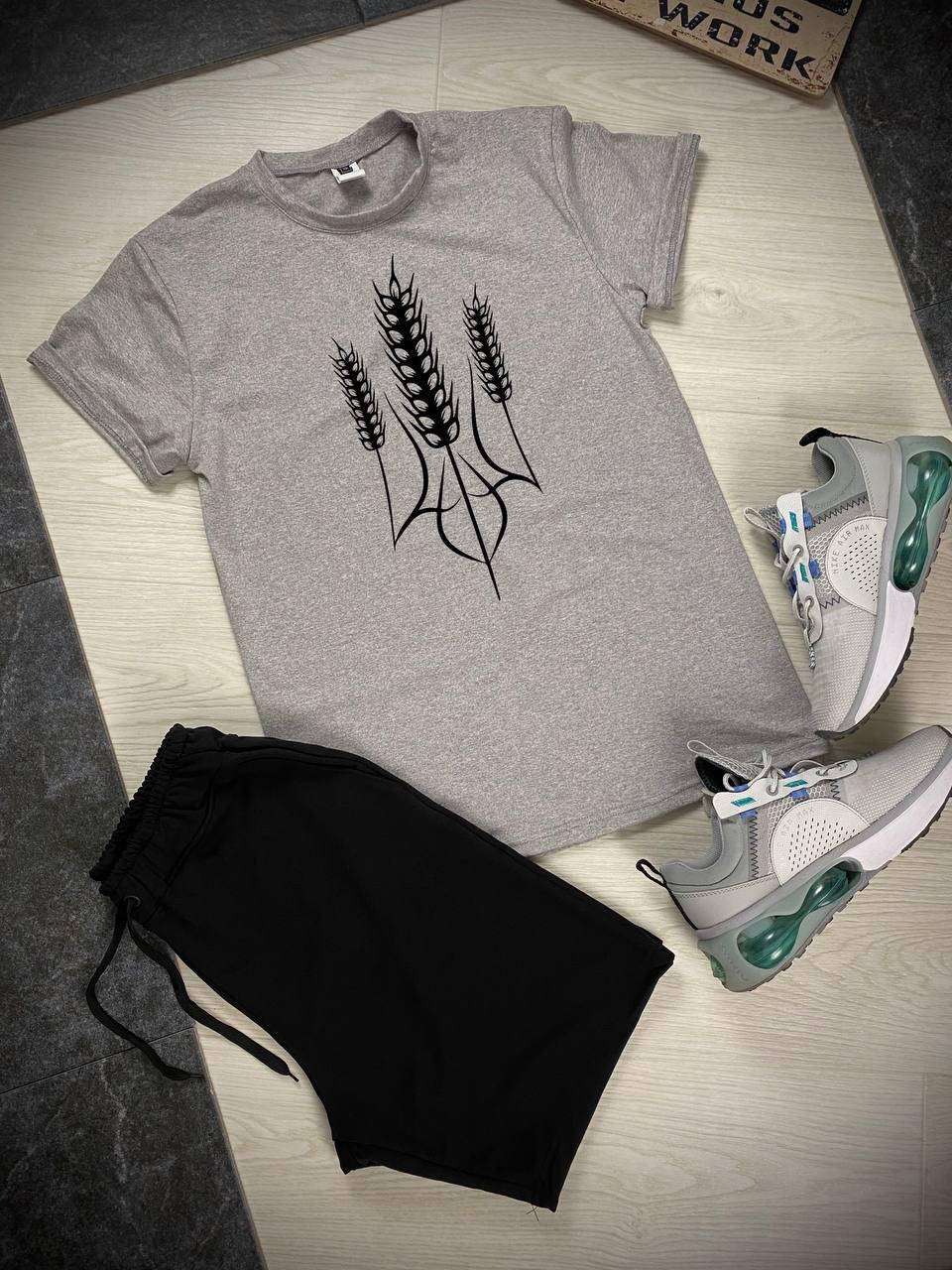 

Мужской летний комплект шорты футболка серо-черный Герб колосок M, Разные цвета