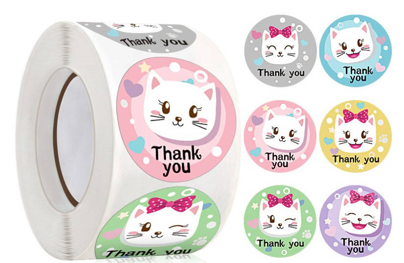 

Наклейки на бобине 6 дизайнов "Котятки Thanks you" 500шт в рулоне, Ø - 2.5см