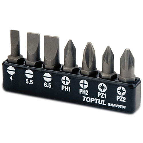 

Набор бит 1/4" 7ед. (SL: 4*0.5, 5.5*1, 6.5*1.2; PH1, PH2; PZ1, PZ2) TOPTUL GAAV0704