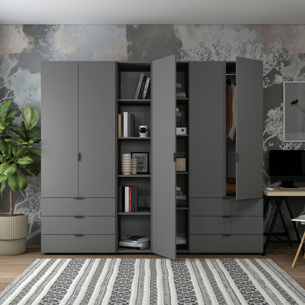 Комплект Doros Гелар з Етажеркою Графіт 2+3 ДСП 231.9х49.5х203.4 (42005057) 2