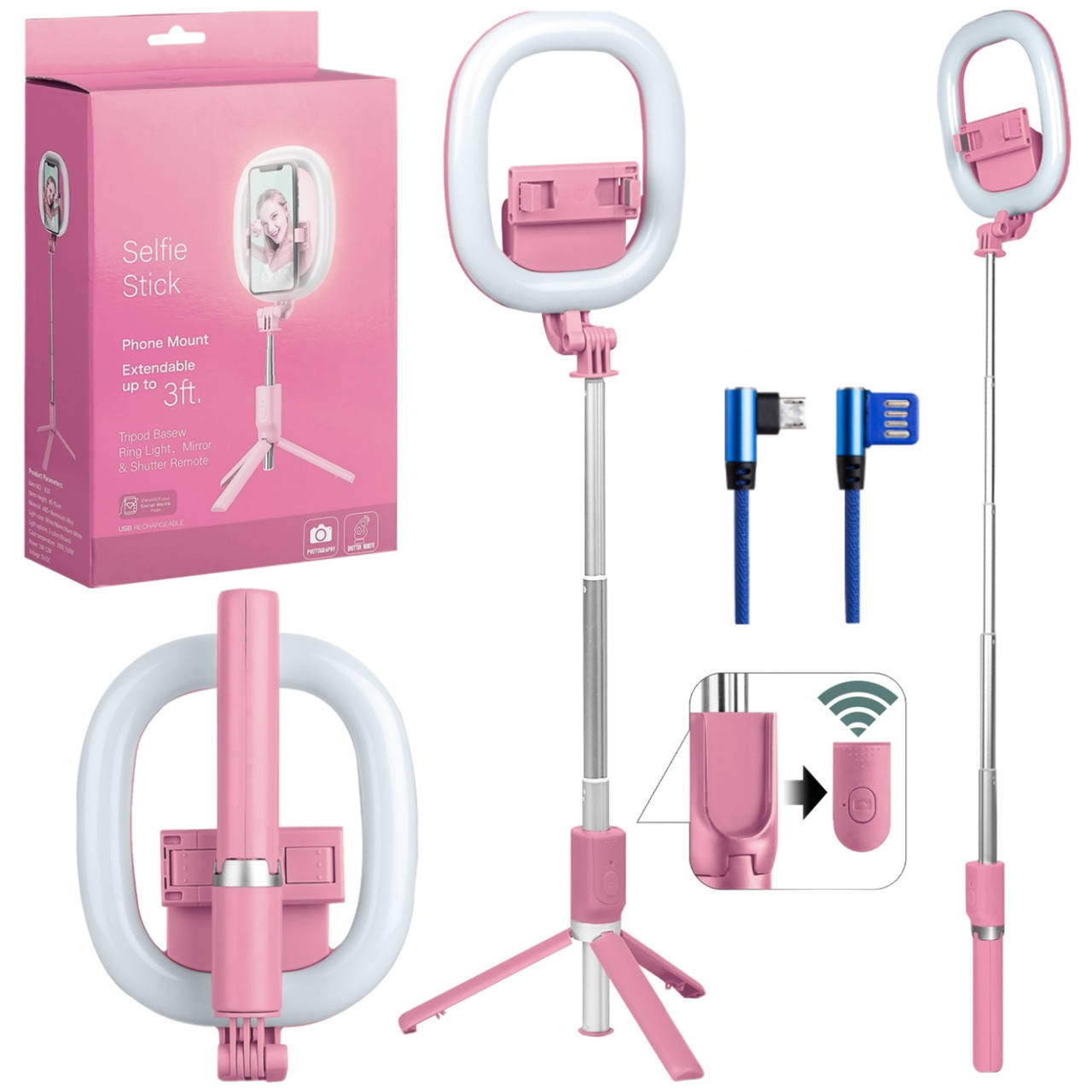 

Штатив-монопод Selfie Stick R10 с кольцевой LED лампой (селфи-палка) Розовый, 5–12 Вт, Разные цвета