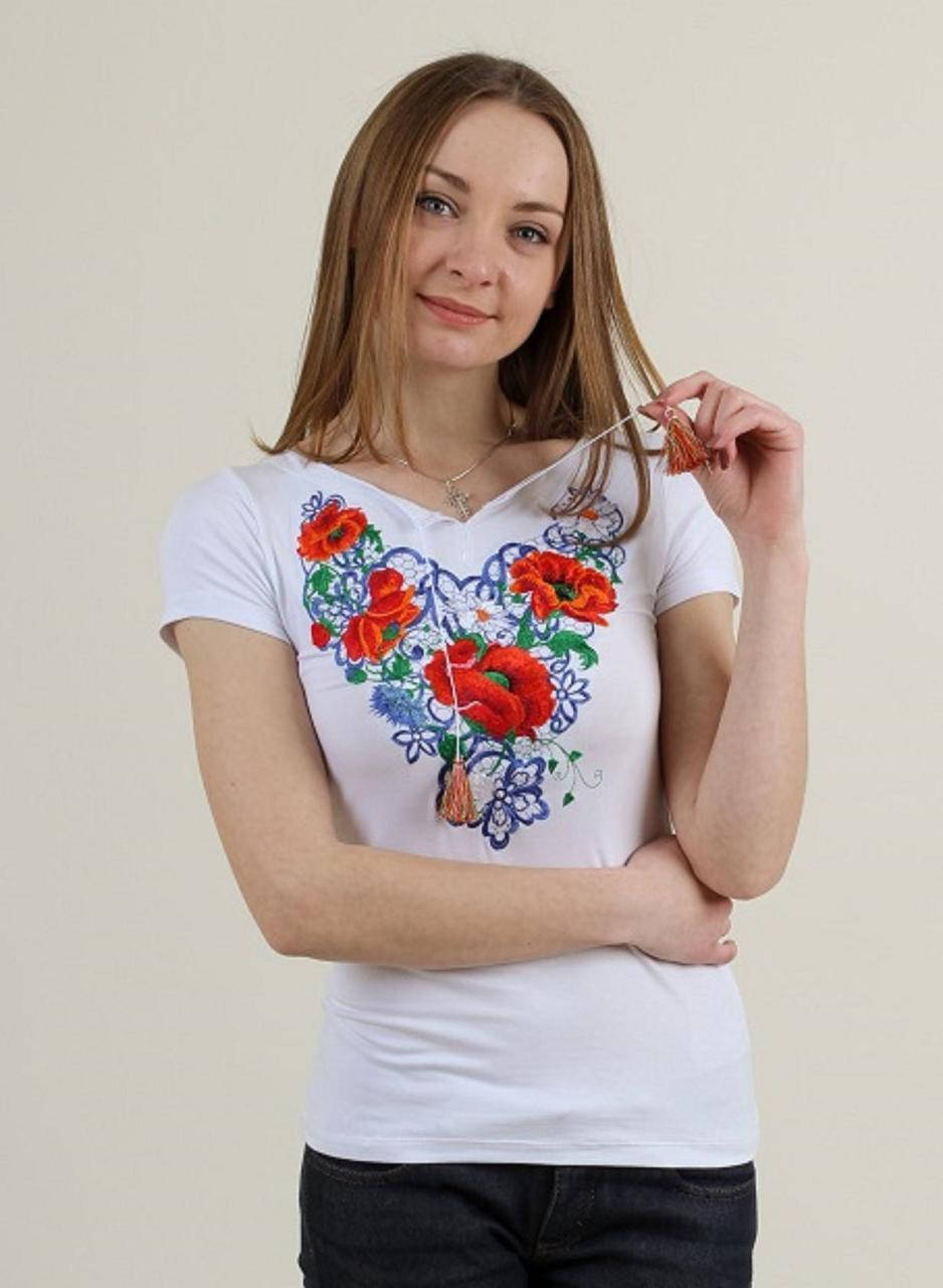 

Футболка с цветами вышитыми гладью, Белый