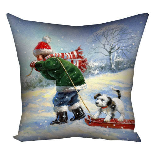 

Подушка габардиновая c принтом Девочка с собачкой на санках 30x30 см (3P_NP092), Белый