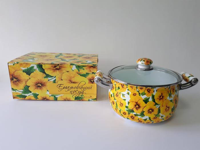 

Кастрюля эмалированная со стеклянной крышкой 5 литров Анютины глазки Эмаль