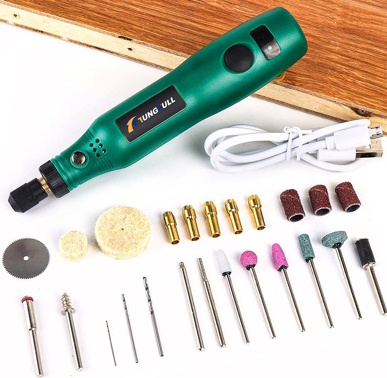 

Электрическая мини дрель TUNGFULL с набором шлифовальных насадок (24 шт) Green