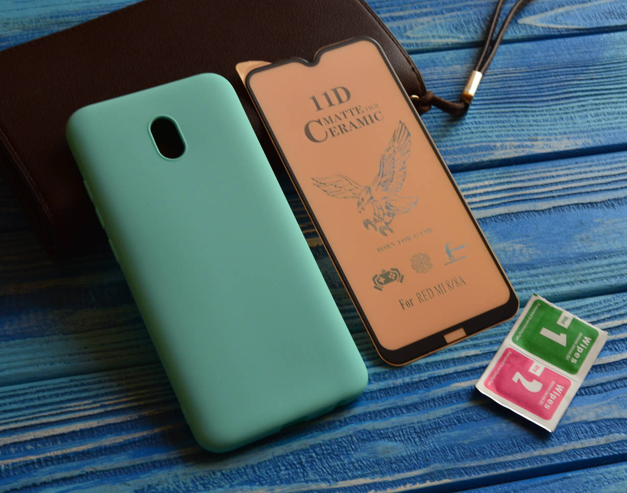 

Матовый силиконовый чехол + Защитное стекло для Xiaomi Redmi 8A, Бирюзовый