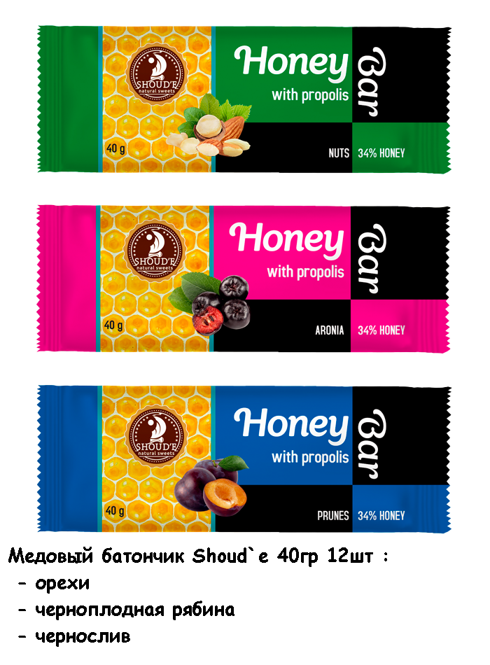 

Медовий батончик SHOUD`E горіхи 40гр 12шт