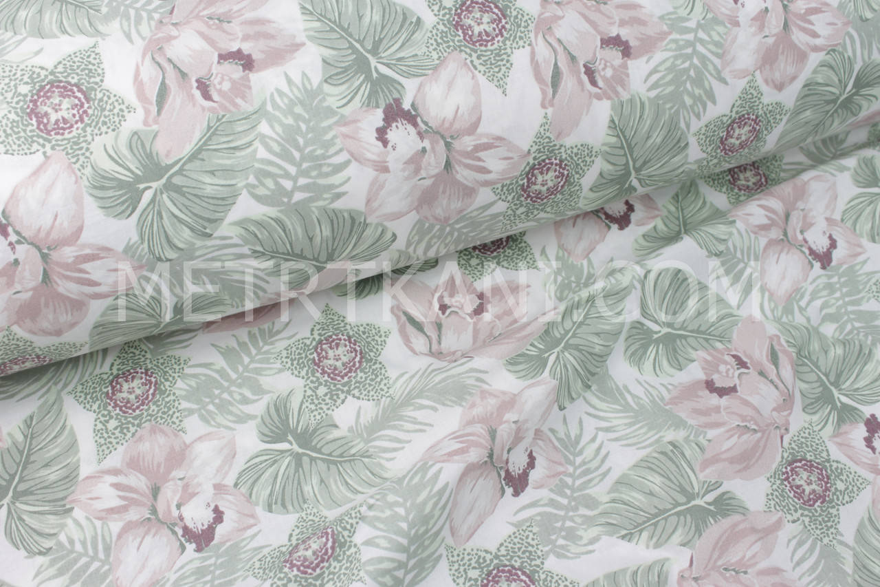 

Ткань хлопковая "Орхидеи в зеленых листьях" на белом №1766, Разные цвета