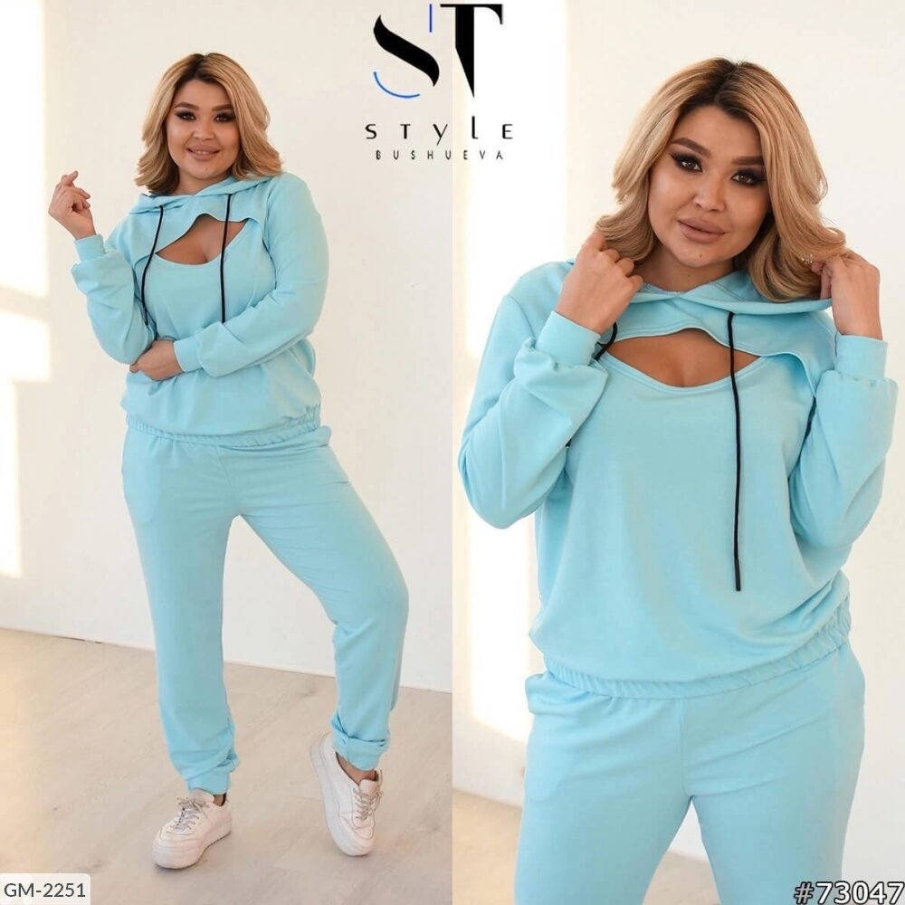 

Костюм спортивный женский эффектный молодежный весна двунитка с вырезом на груди большого размера 48-62, Черный