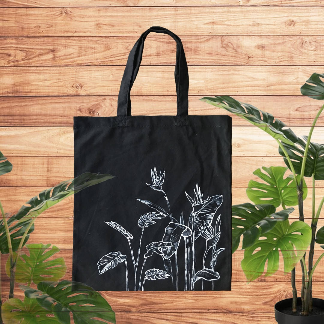 

Черная эко сумка шопер с монстерой, Черный