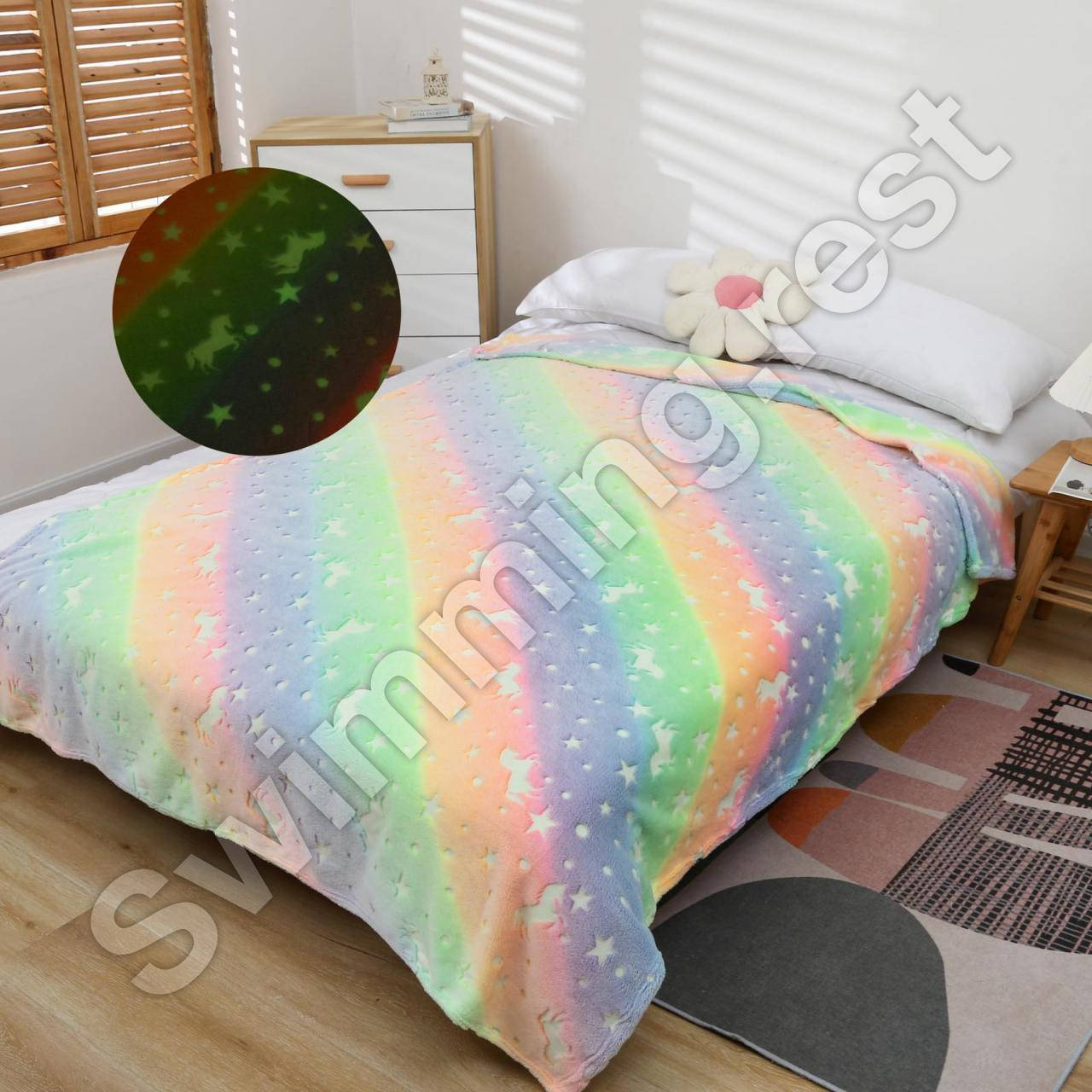 

Плед светящийся в темноте День-ночь 150х200 см Покрывало Микрофибра ( Разноцветный с единорогами), Разные цвета