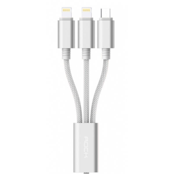 

Кабель 3в1 Lightning/Type-C/microUSB 1.2m Серебристый Rock Space USB Charging Cable 3 in 1, Серый