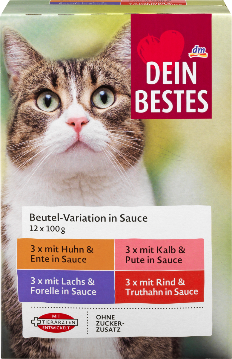 

Влажный корм для кошек, ассорти Dein Bestes Beutel Vorteilspack in Sauce, (12 уп х 100 гр = 1200 гр)