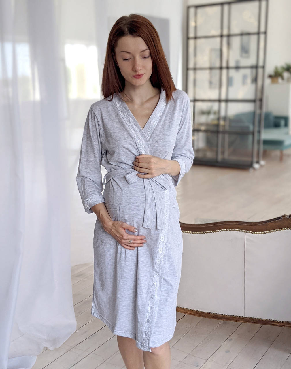 

Халат в роддом и для дома с кружевом (серый меланж) 42-44