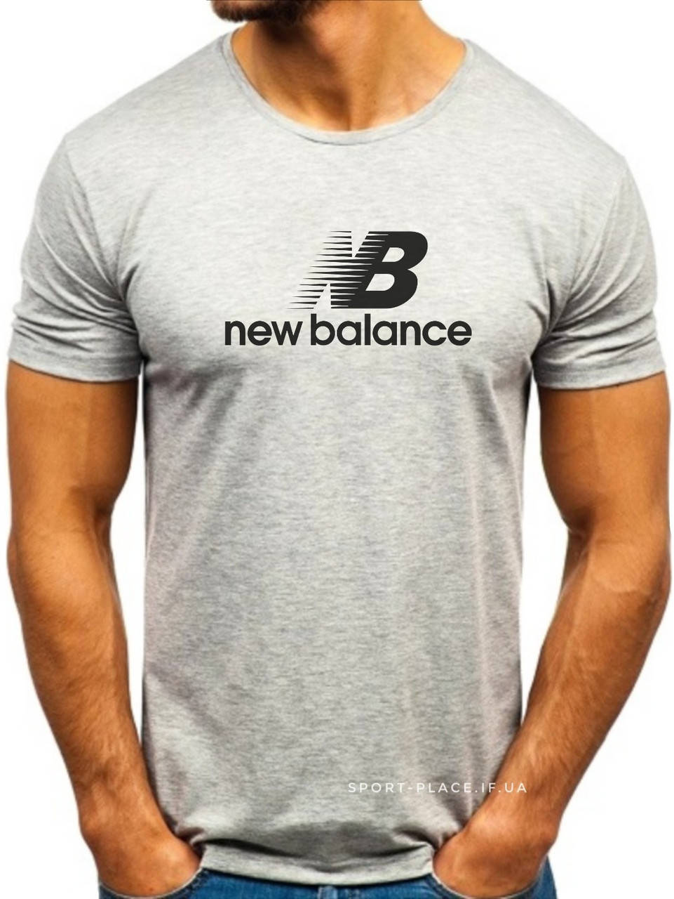 

Мужская футболка New Balance (Нью Беланс) серая (большая эмблема) хлопок