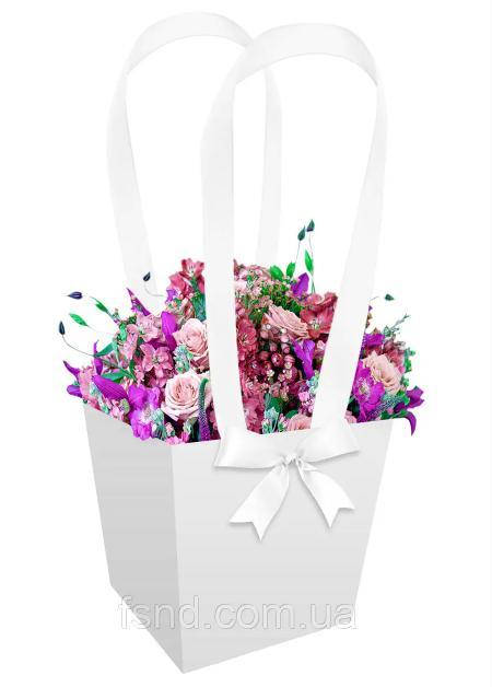 

Флористическая сумка 13 см белая с ручками из атласной ленты, Белый