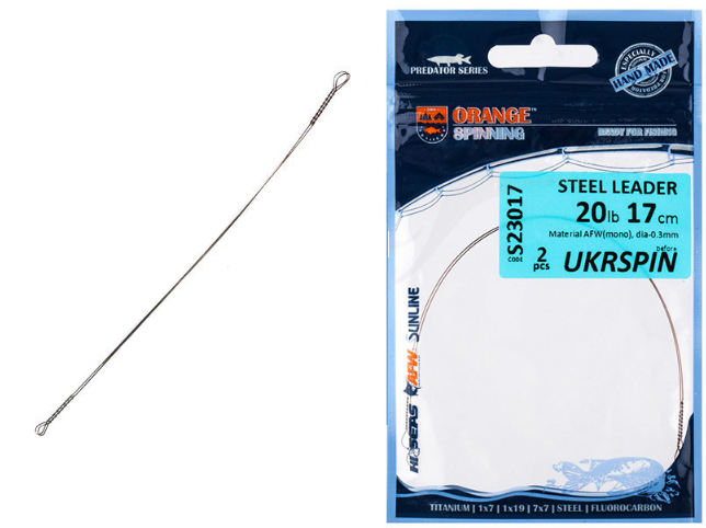 

Поводок UKRSPIN Orange Spinning сталь AFW пайка 12 см 9 кг (20lb)/0.28 мм (2шт/уп)