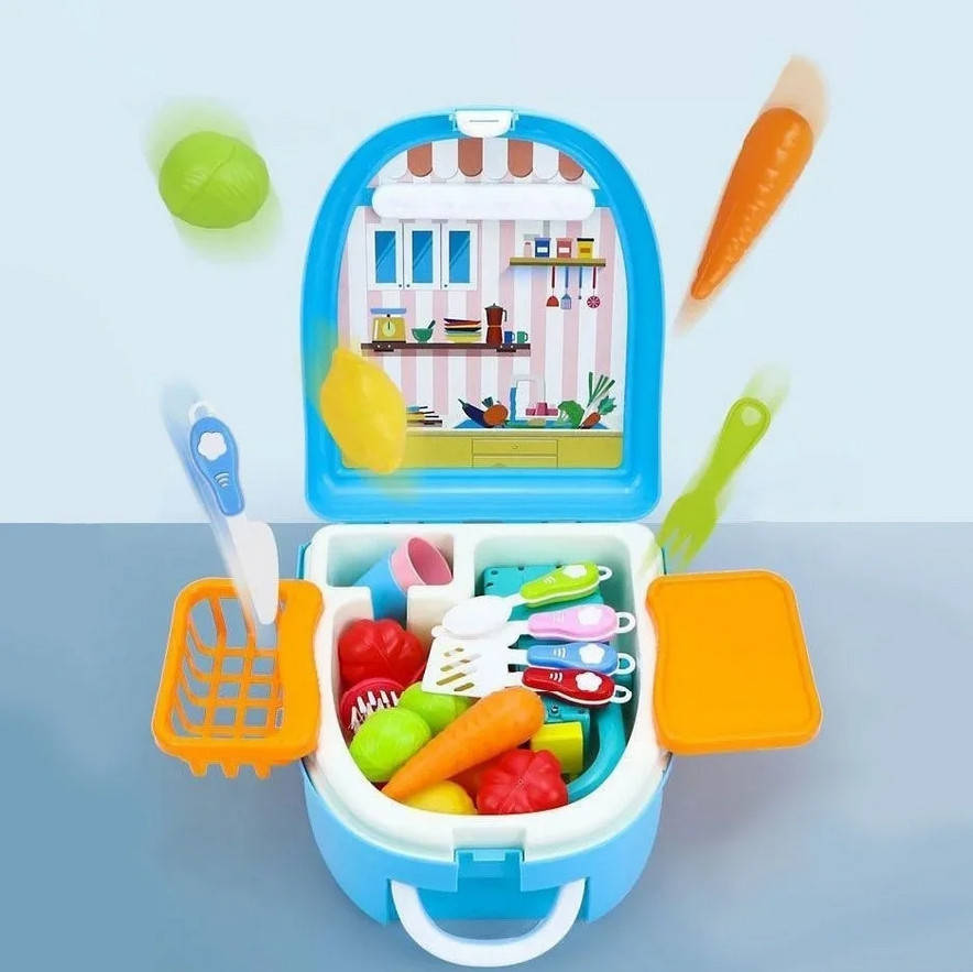 

Игровой набор WASHING VEGETABLE BASIN, Кухня в чемодане с овощами, мойка в форме рюкзака, кухня детская
