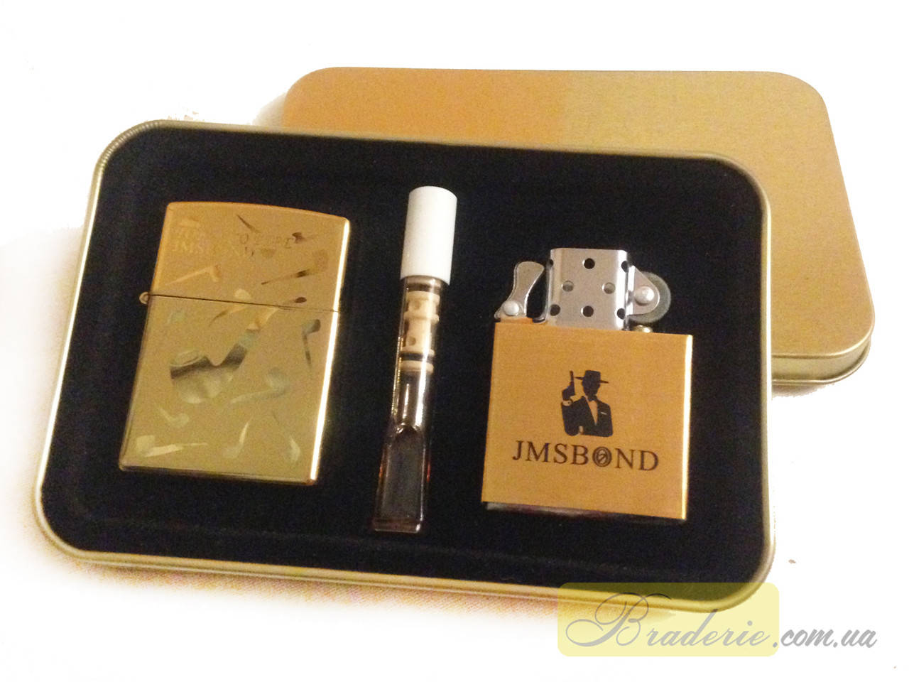 

Набор зажигалка электроимпульсная бензиновая и мундштук 4774