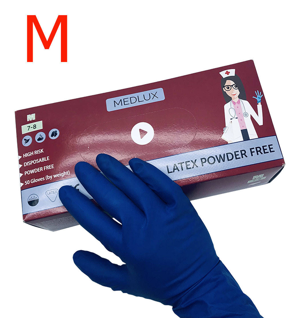 

Перчатки латексные с удлиненной манжетой MEDLUX (супер прочные) 50 шт. М, Синий