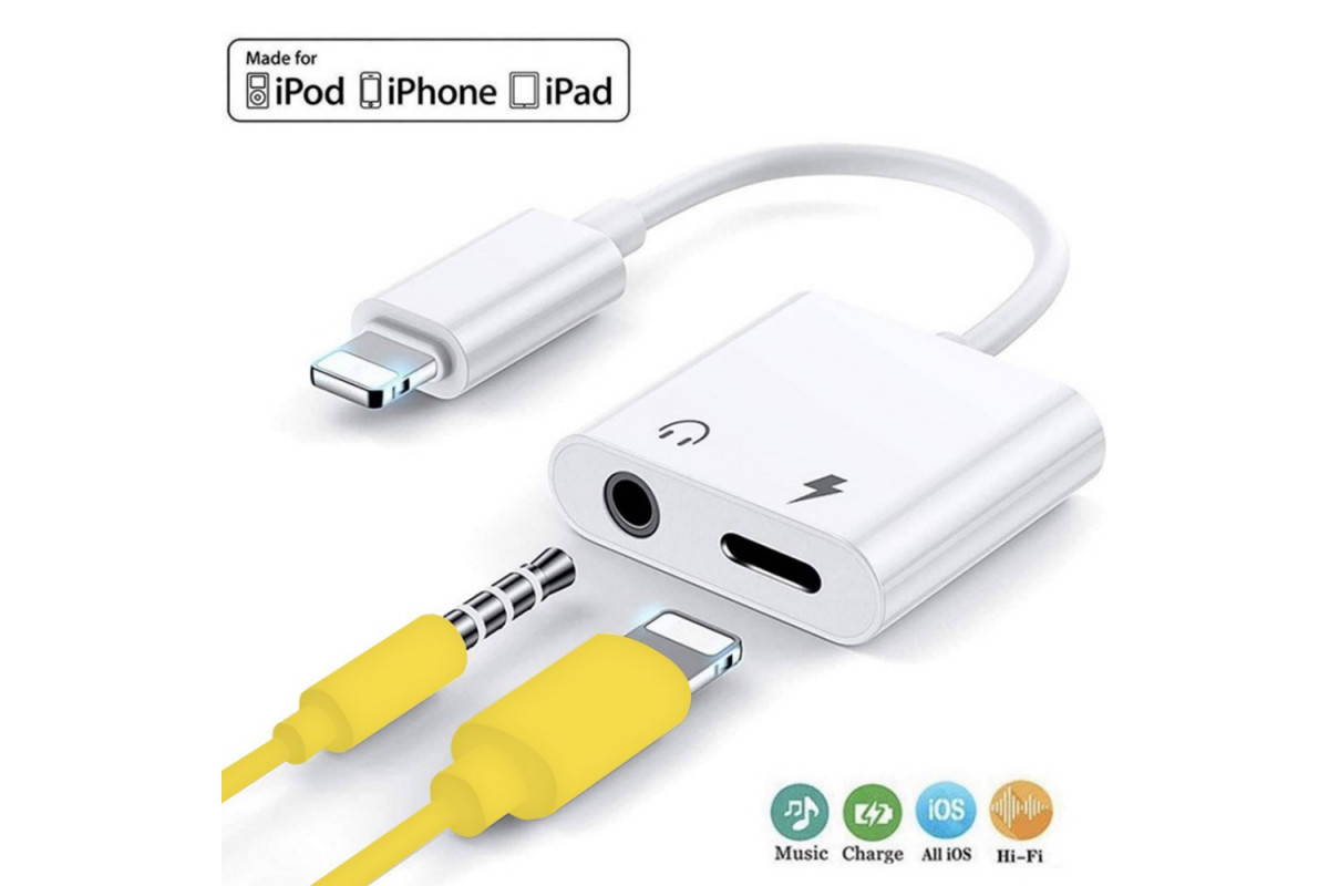 

Переходник для iPhone на AUX 3.5 mm и наушники адаптер на iPad для наушников AUX кабель с разъемом зарядки, Белый