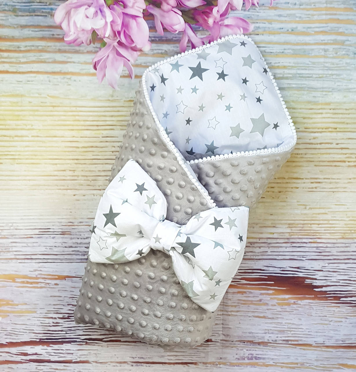 

Конверт на выписку для новорожденных в роддом деми/зима плюшевый Минки двухсторонний, Светло-серый