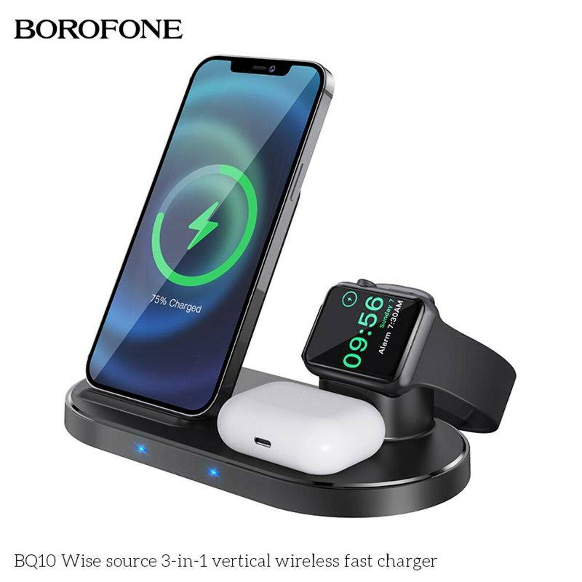 

Бездротовий зарядний пристрій BOROFONE BQ10 Wise source 3-in-1 vertical wireless fast charger Black, Черный