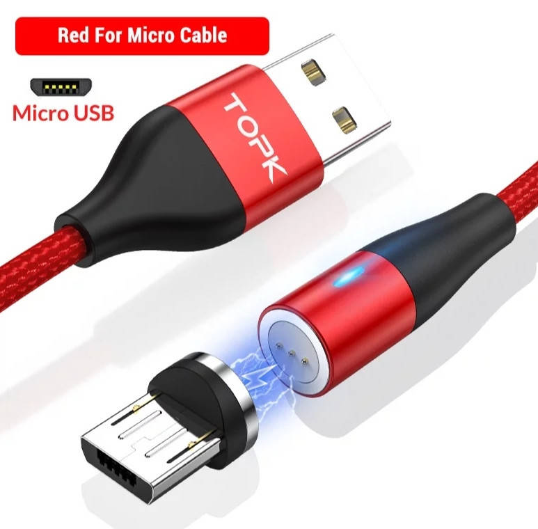 

Магнітний круглий кабель Micro USB TOPK для швидкої зарядки Червоний, Красный