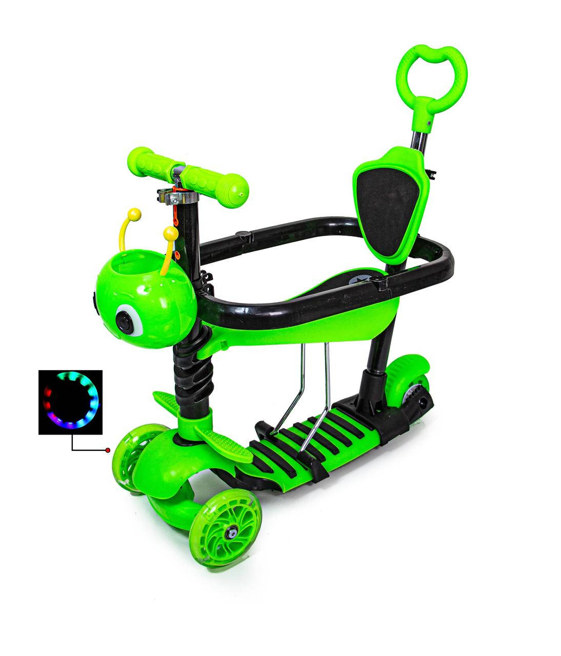

Детский самокат - трансформер 6в1 с подсветкой и бортиком Scooter "Божья коровка" Green, Зелёный