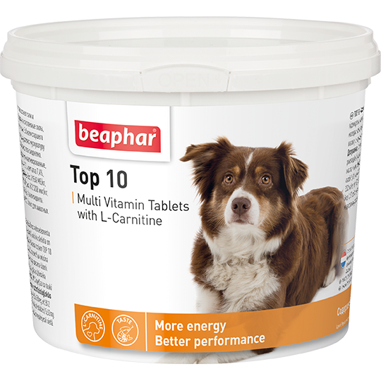 

Мультивитаминная добавка для собак Beaphar Top 10 с L-карнитином 180 таб.