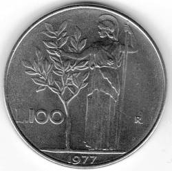 

Богиня мудрости Минерва рядом с оливковым деревом. Монета 100 лир. 1946-2001 год, Италия. (Г)
