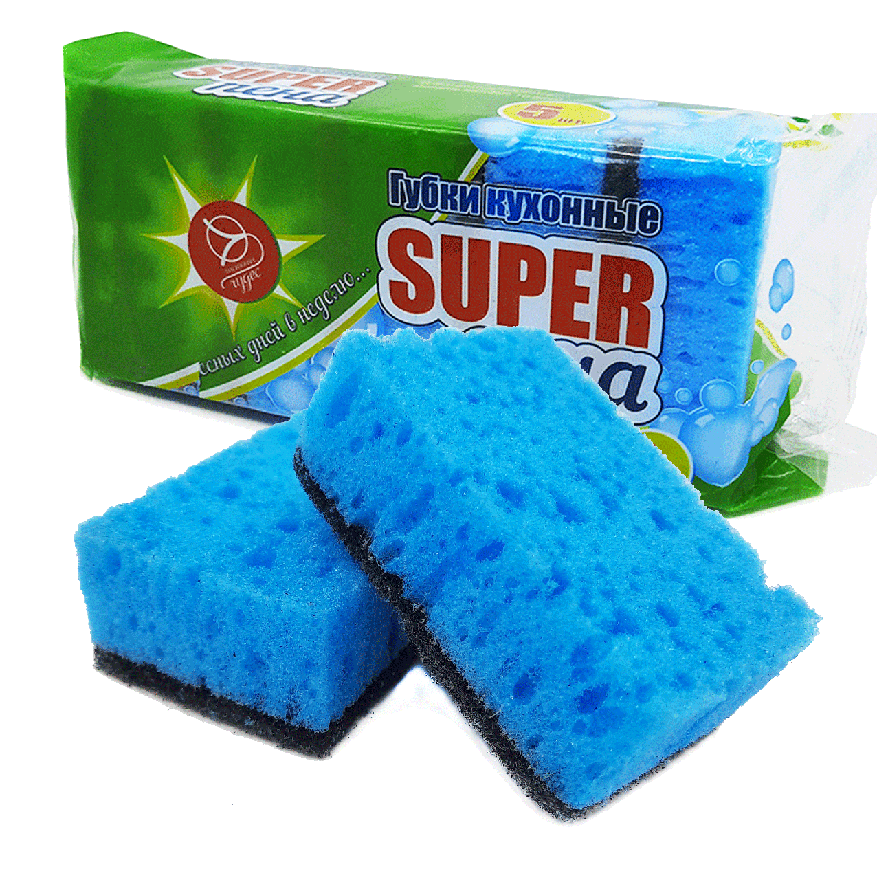 

Губка кухонная для посуды SUPER пена (пористая) ТМ 7 чудес (33*60*90), 5 шт, Разные цвета