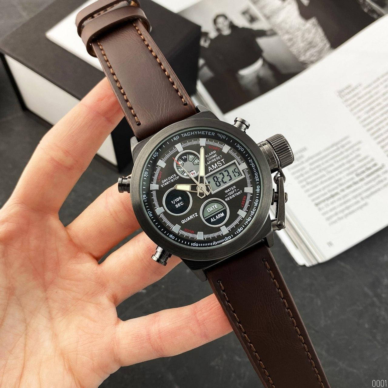 

Мужские часы AMST 3003A Black-Brown Wristband армейские водостойкие