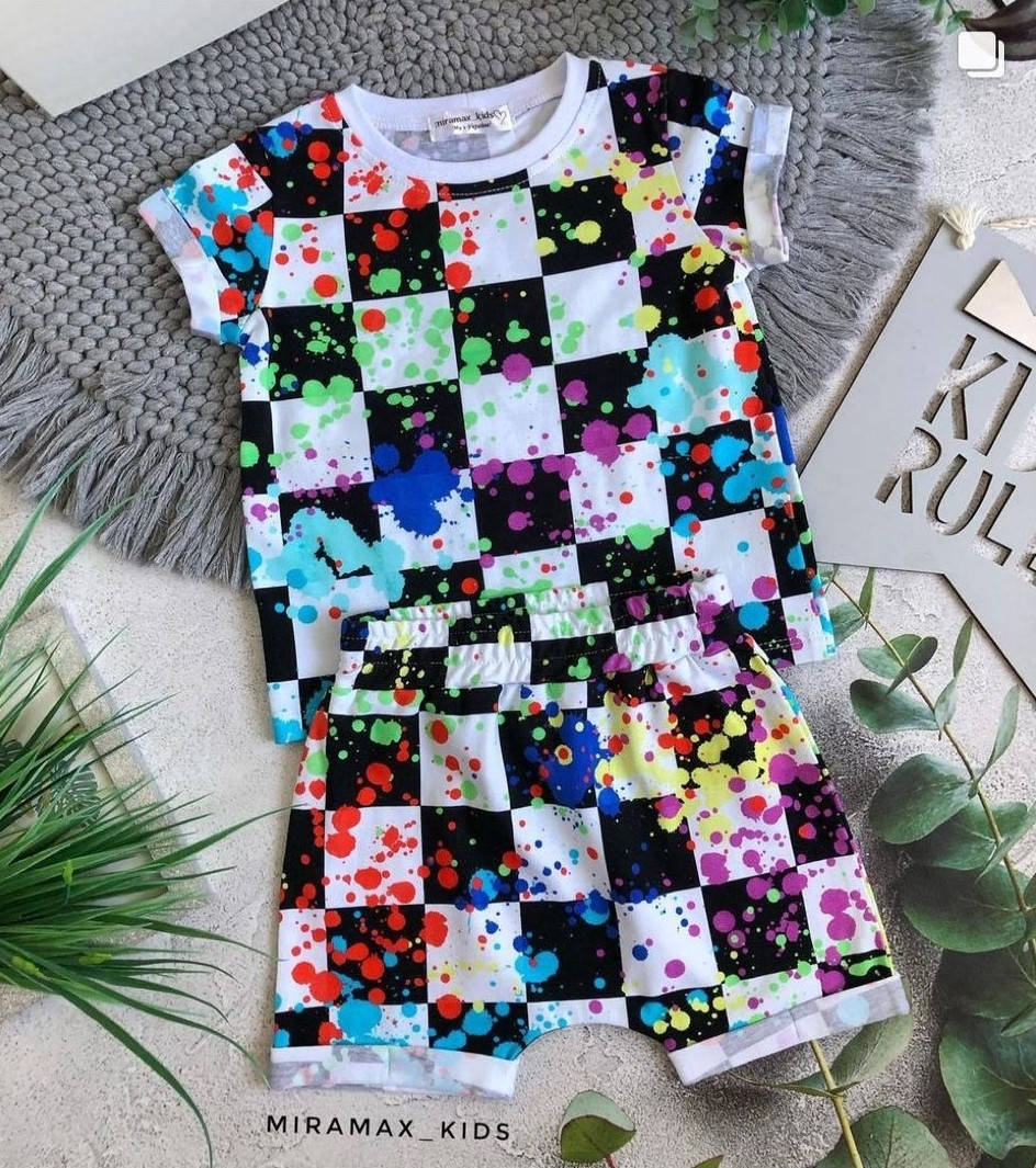 

Стрейч кулир принт "Кляксы на шахматке" - 180см. (диджитал), - детские принты