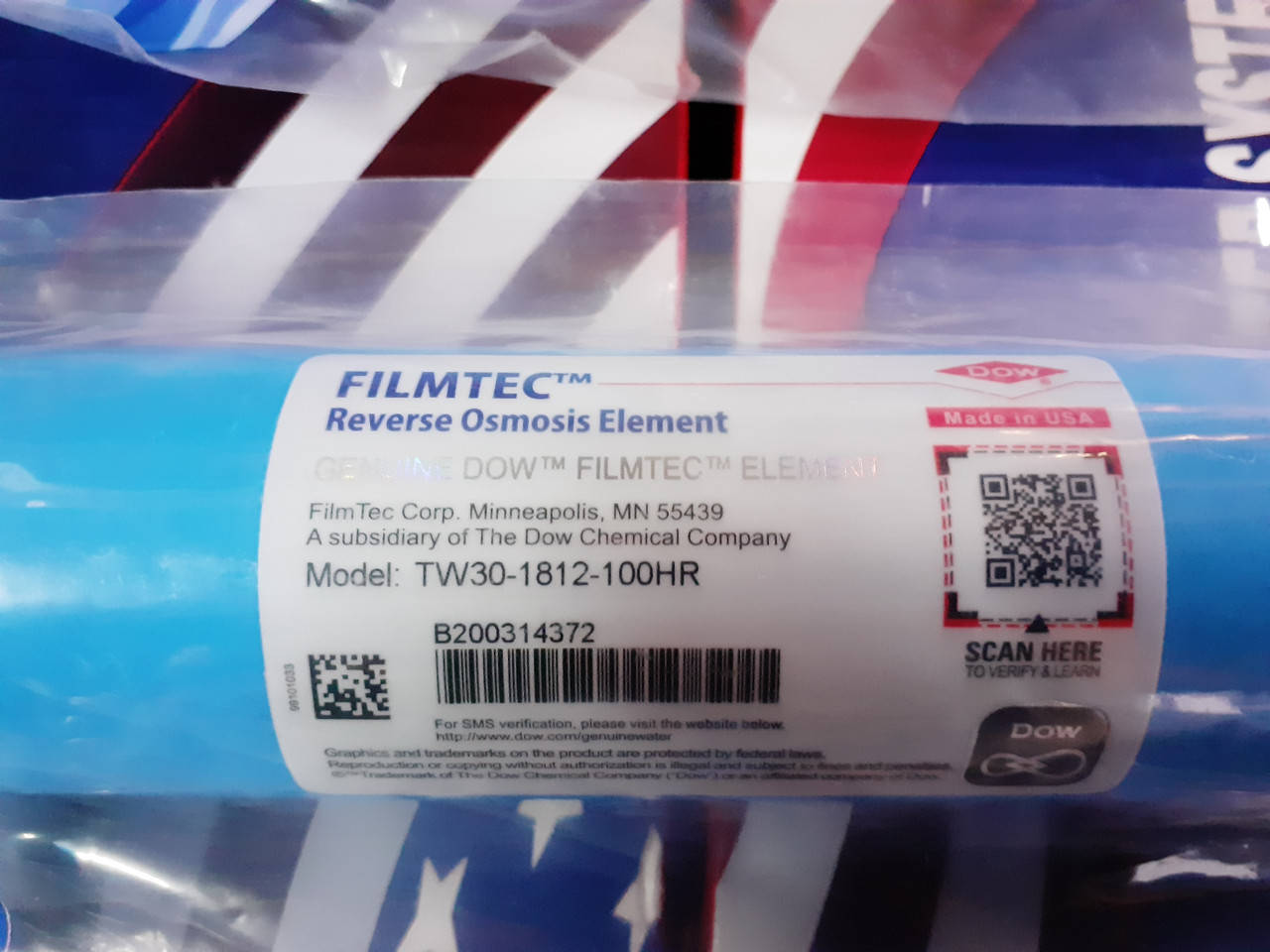 

Мембрана обратного осмоса Filmtec TW30-1812-100HR (Филмтек) c QR-кодом 100 галлон
