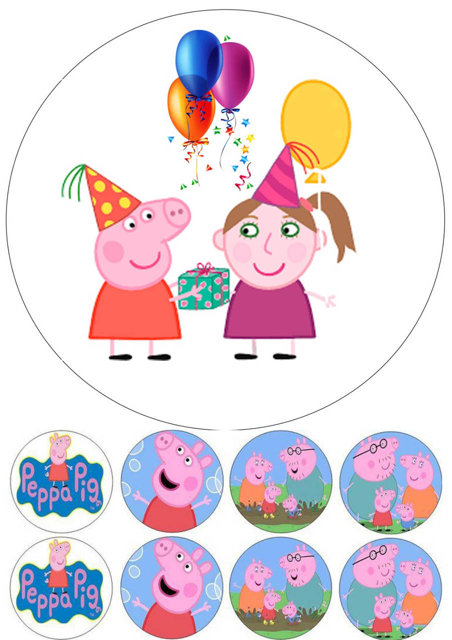 

Вафельная картинка на торт "Свинка Пеппа" А4- 1 Большая + 8 маленьких круглых, 1 Большая + 8 маленьких круглых