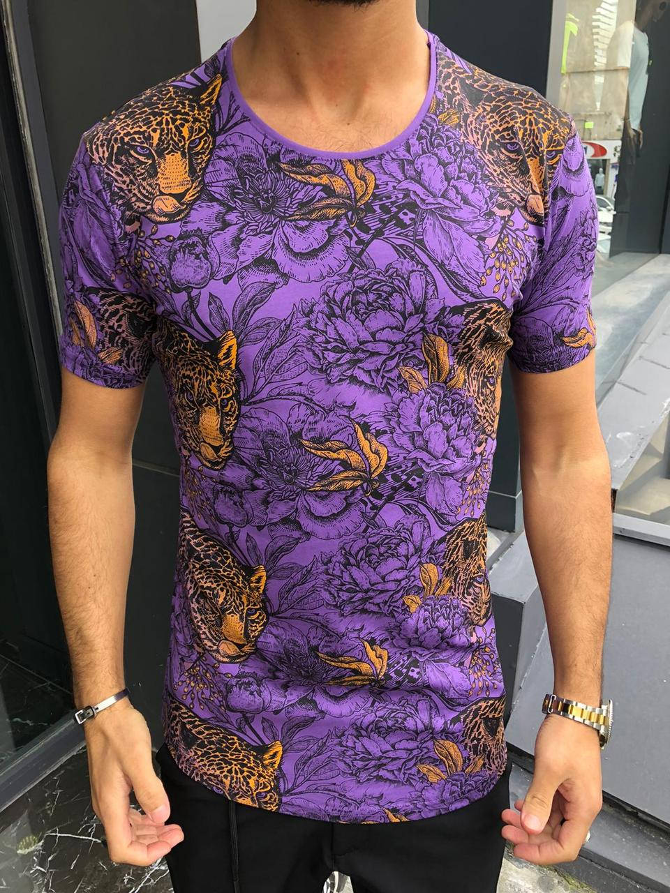 

Летняя молодежная мужская яркая футболка "Тигры и Цветы" фиолетовая - M
