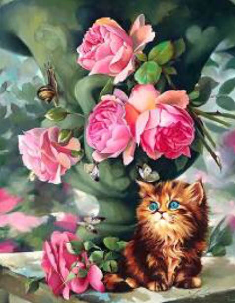

50*40см Пионы с котиком, 2в1 рисование и алмазная живопись