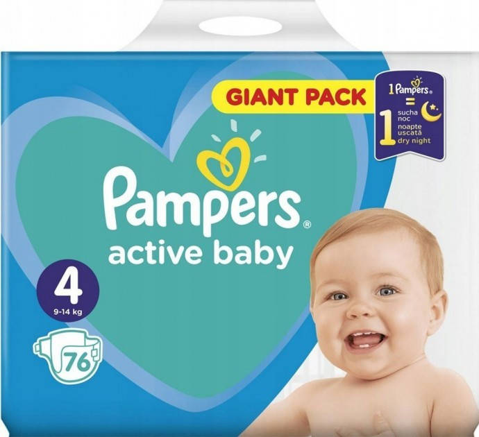 

Подгузники Pampers Active Baby Gisnt pack 4 (9-14 кг) 76 шт (памперс актив беби 4), Зелёный