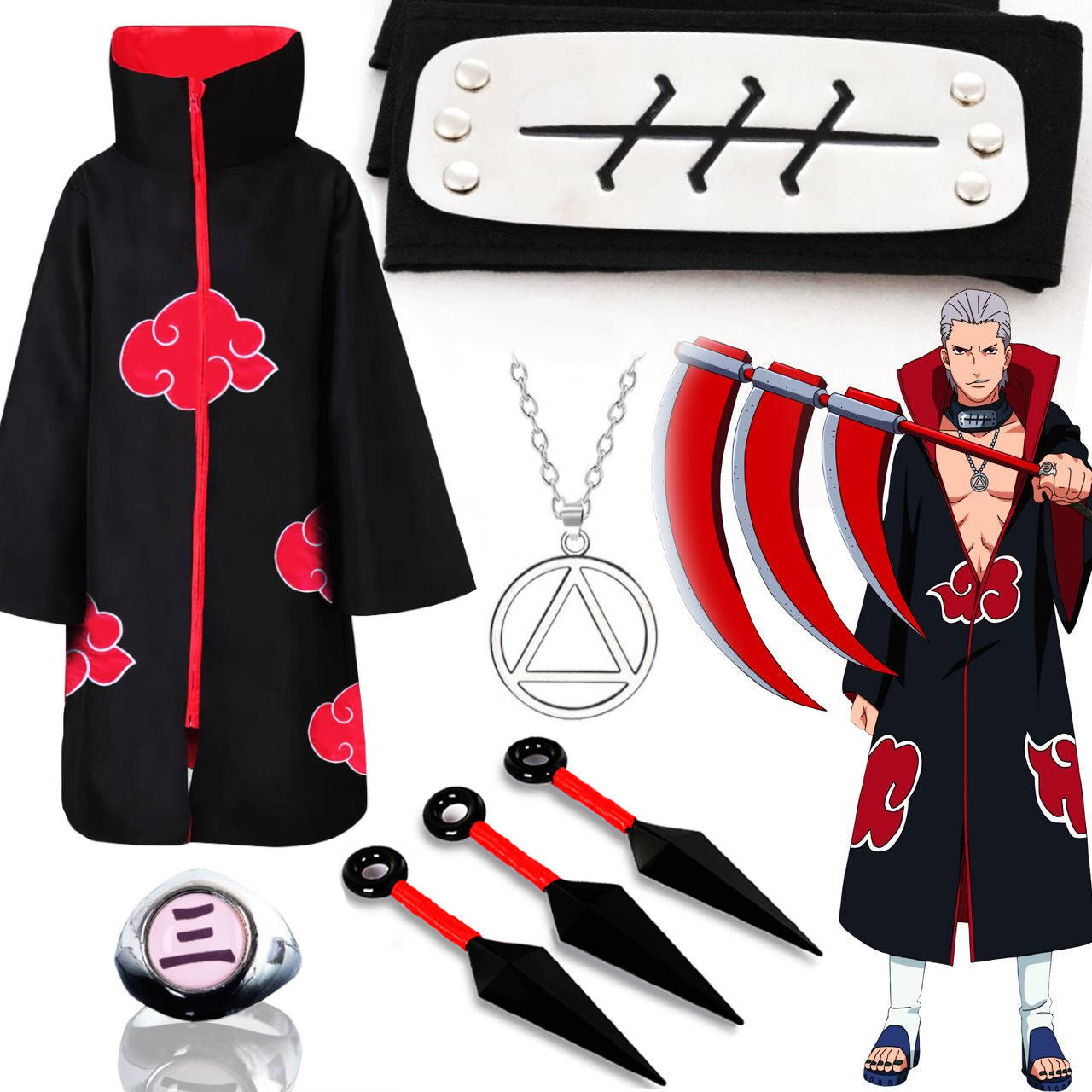 

Набор Хидана (Акацуки) из аниме Наруто Naruto: Плащ Акацуки + Повязка Хидана + Кольцо Хидана+ Кулон + 3 Куная