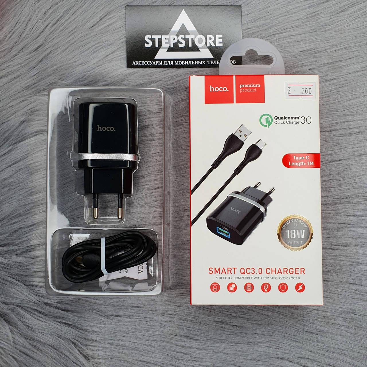 

СЗУ 2 в 1 зарядное устройство быстрая зарядка Quick charge 3.0 Type-C Hoco для Samsung Xiaomi Huawei 18W, Черный