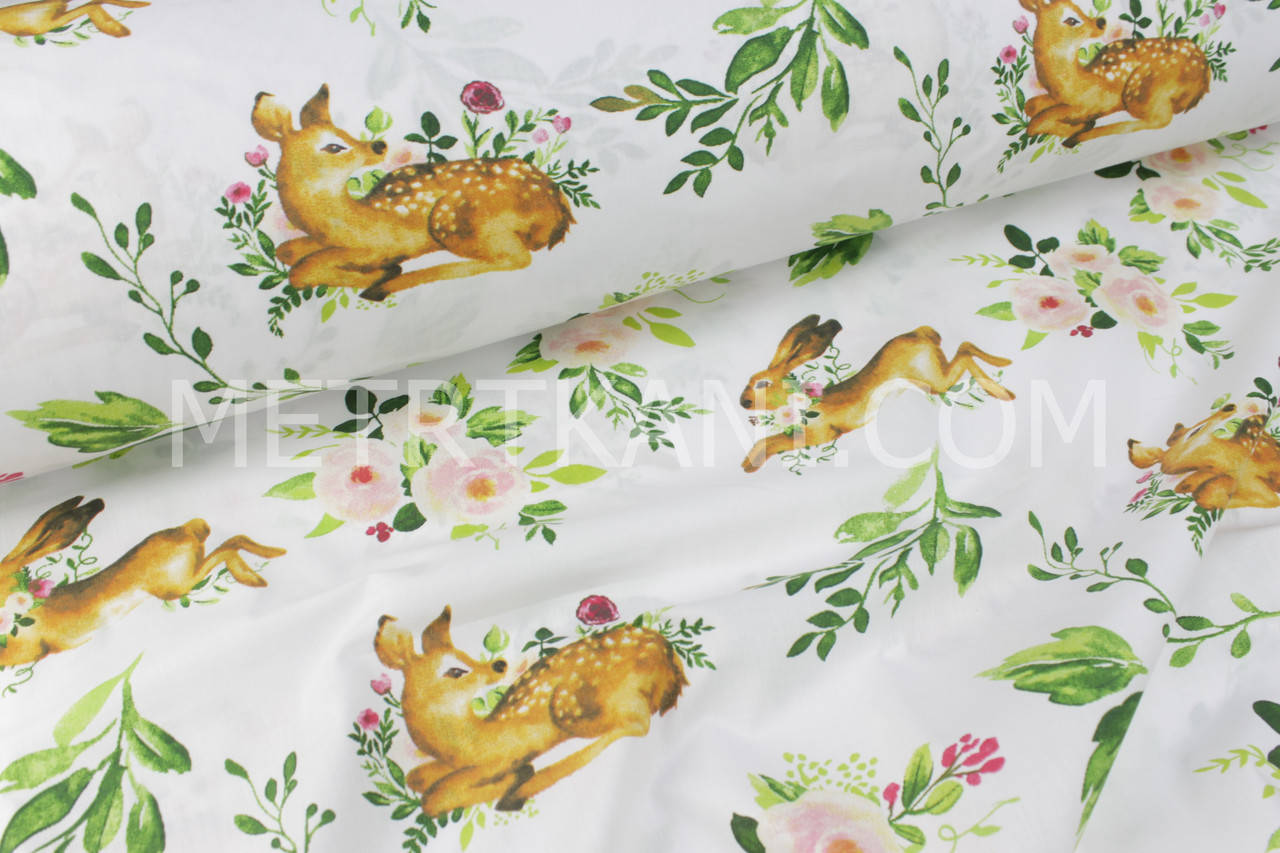 

Ткань хлопковая "Косуля и зайчик в цветах" на белом фоне №1714, Разные цвета