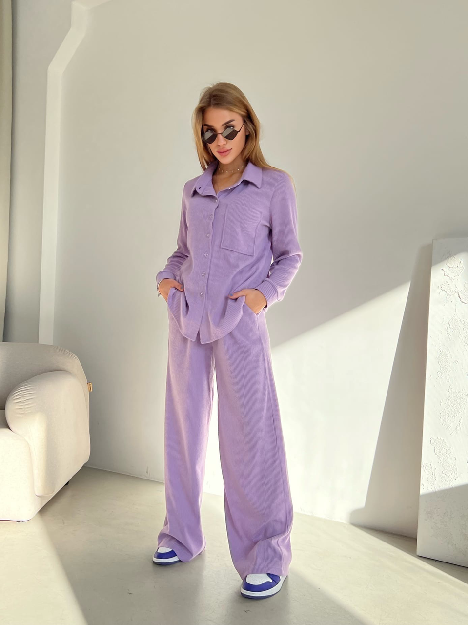 

Женский ангоровый костюм с оверсайз рубашкой и штанами (черный, малина, лаванда, пудра, фисташка) 42-44, 46-48, Лавандовый