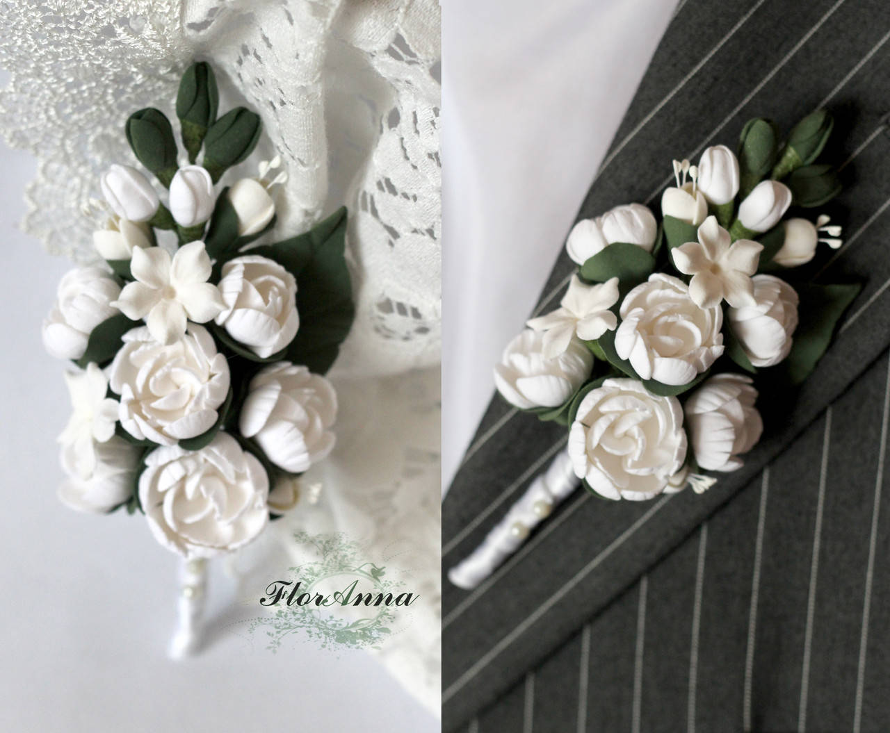 

Свадебная бутоньерка для жениха или свидетеля. "Элегантный белый" Свадебные аксессуары