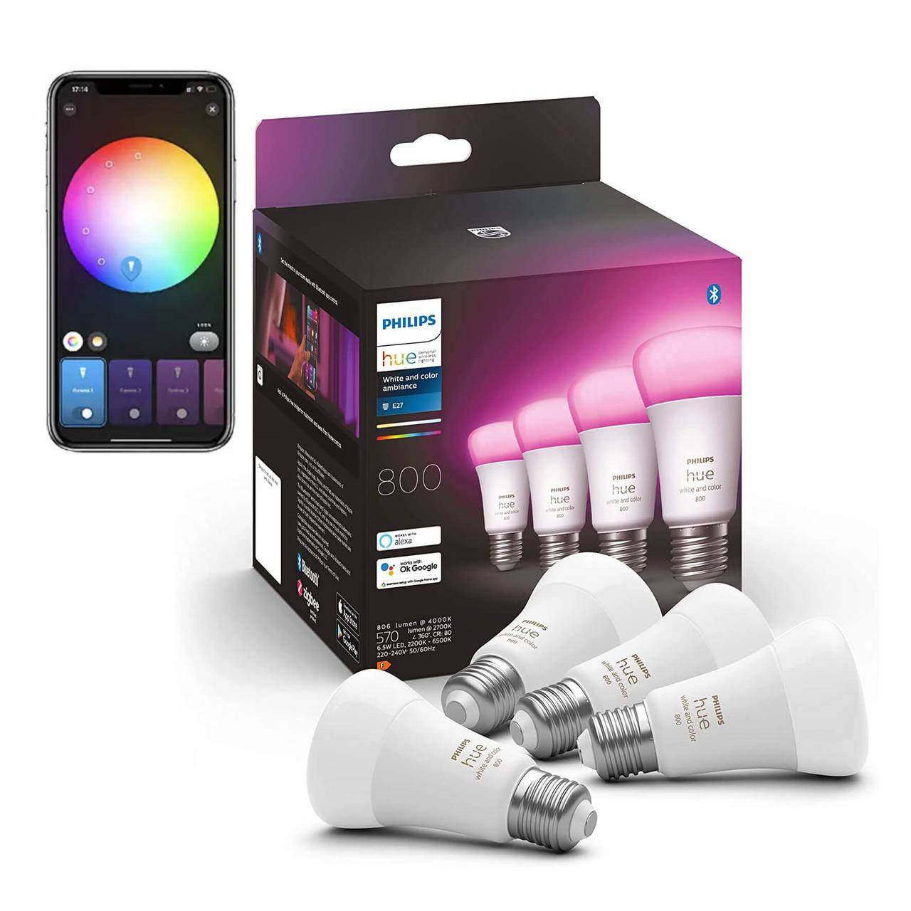 

Умные LED лампочки Philips Hue Color E27 806лм 60Вт 7W ZigBee, Bluetooth, Apple HomeKit 4шт.